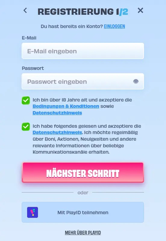 egistrierungsformular bei OnlySpins mit Feldern für E-Mail und Passwort, Zustimmungshäkchen und Button „Nächster Schritt“.