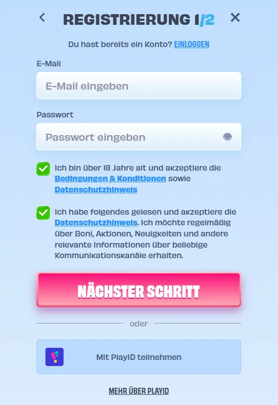 egistrierungsformular bei OnlySpins mit Feldern für E-Mail und Passwort, Zustimmungshäkchen und Button „Nächster Schritt“.