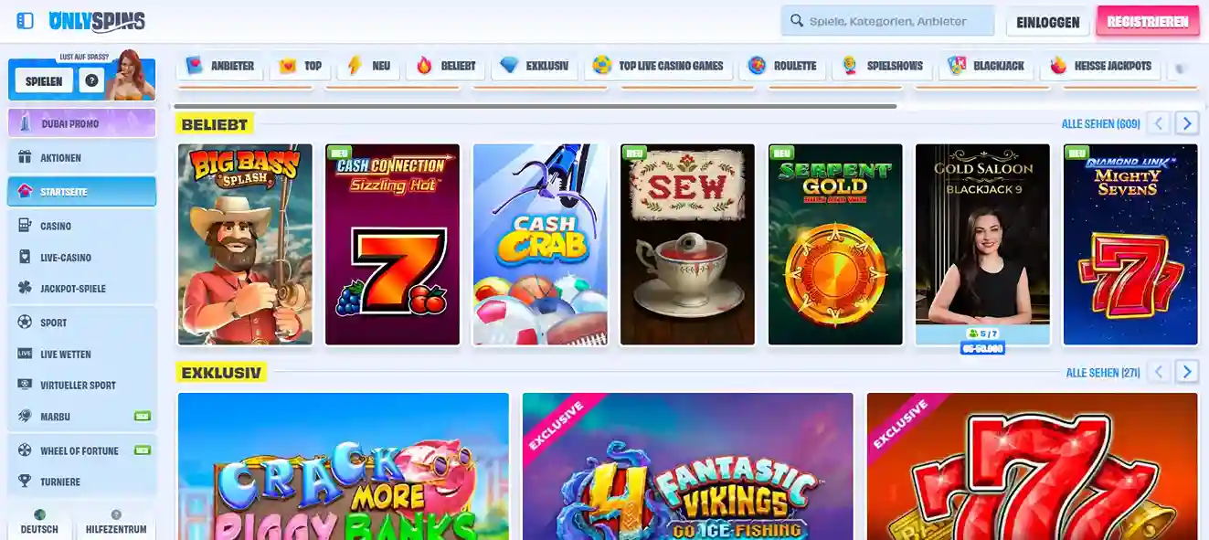 Startseite des OnlySpins Online-Casinos mit beliebten Slots, Seitenmenü und deutscher Navigation.